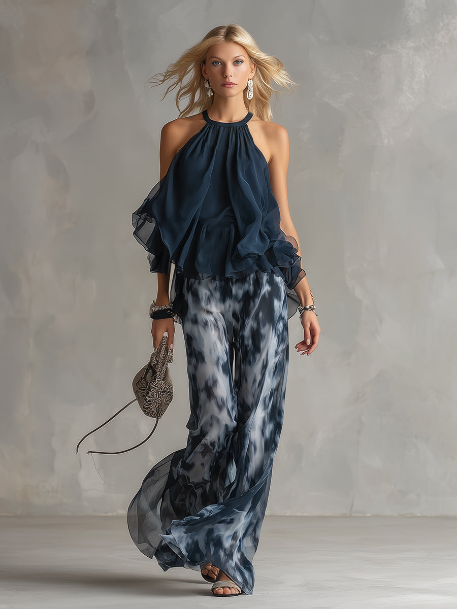 Luisa™ Elegante vestido de gasa con corpiño de cuello alto y pantalón ancho estampado
