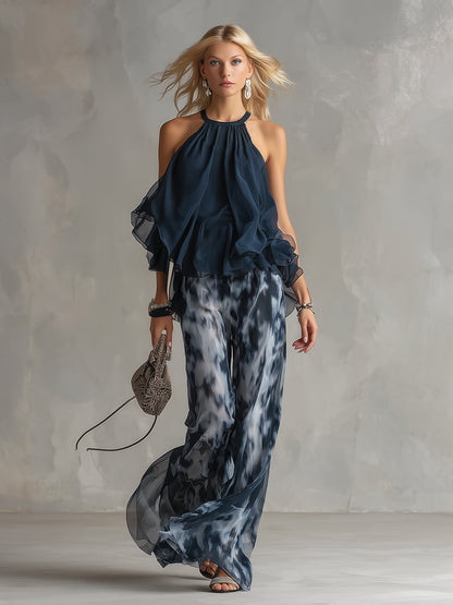 Luisa™ Elegante vestido de gasa con corpiño de cuello alto y pantalón ancho estampado