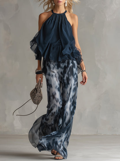 Luisa™ Elegante vestido de gasa con corpiño de cuello alto y pantalón ancho estampado