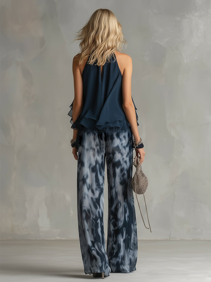 Luisa™ Elegante vestido de gasa con corpiño de cuello alto y pantalón ancho estampado