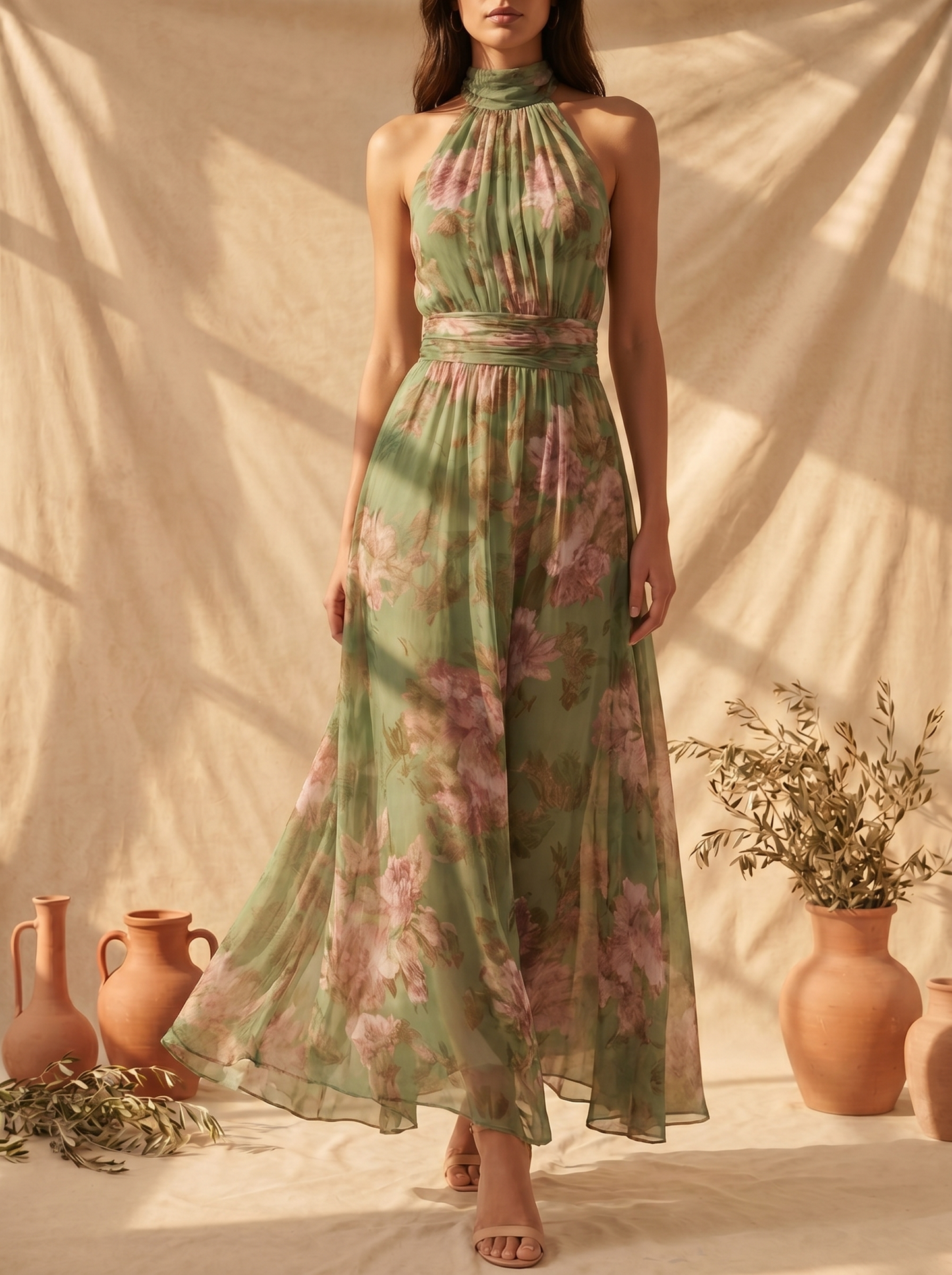 Valisse™ Elegante vestido largo halter con estampado floral