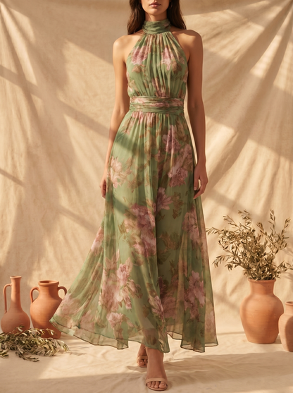 Valisse™ Elegante vestido largo halter con estampado floral