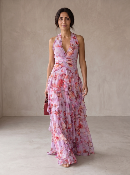 Azuriel™ Vestido largo romántico con escote halter y cascada de rosas