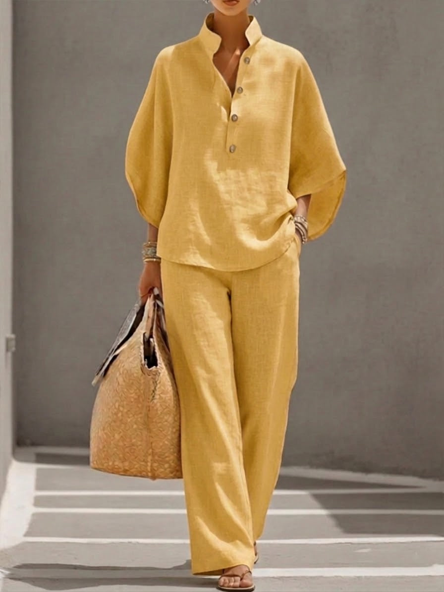 Mariel™ Traje de lino con mangas murciélago y pantalón de pierna ancha