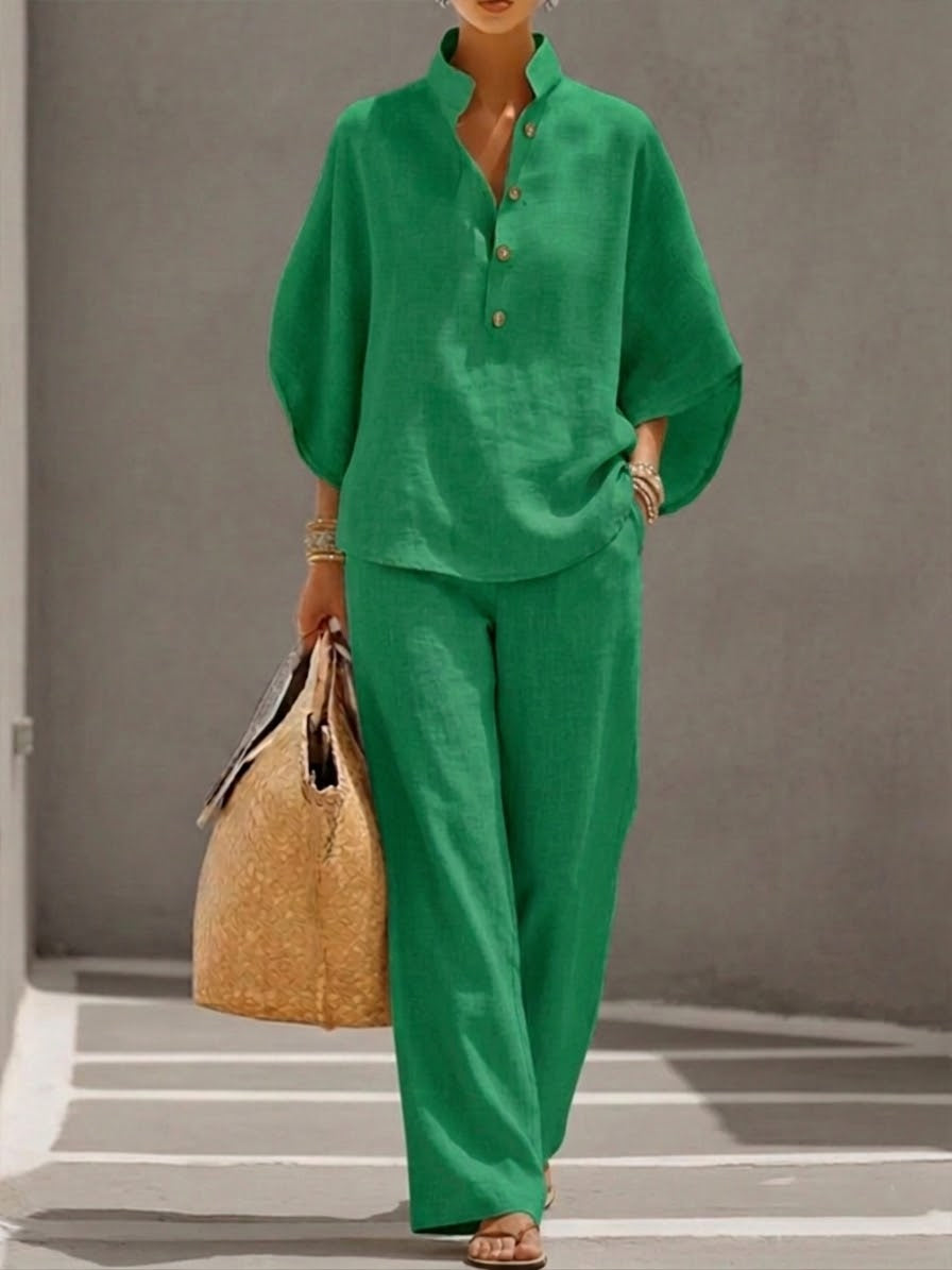 Mariel™ Traje de lino con mangas murciélago y pantalón de pierna ancha
